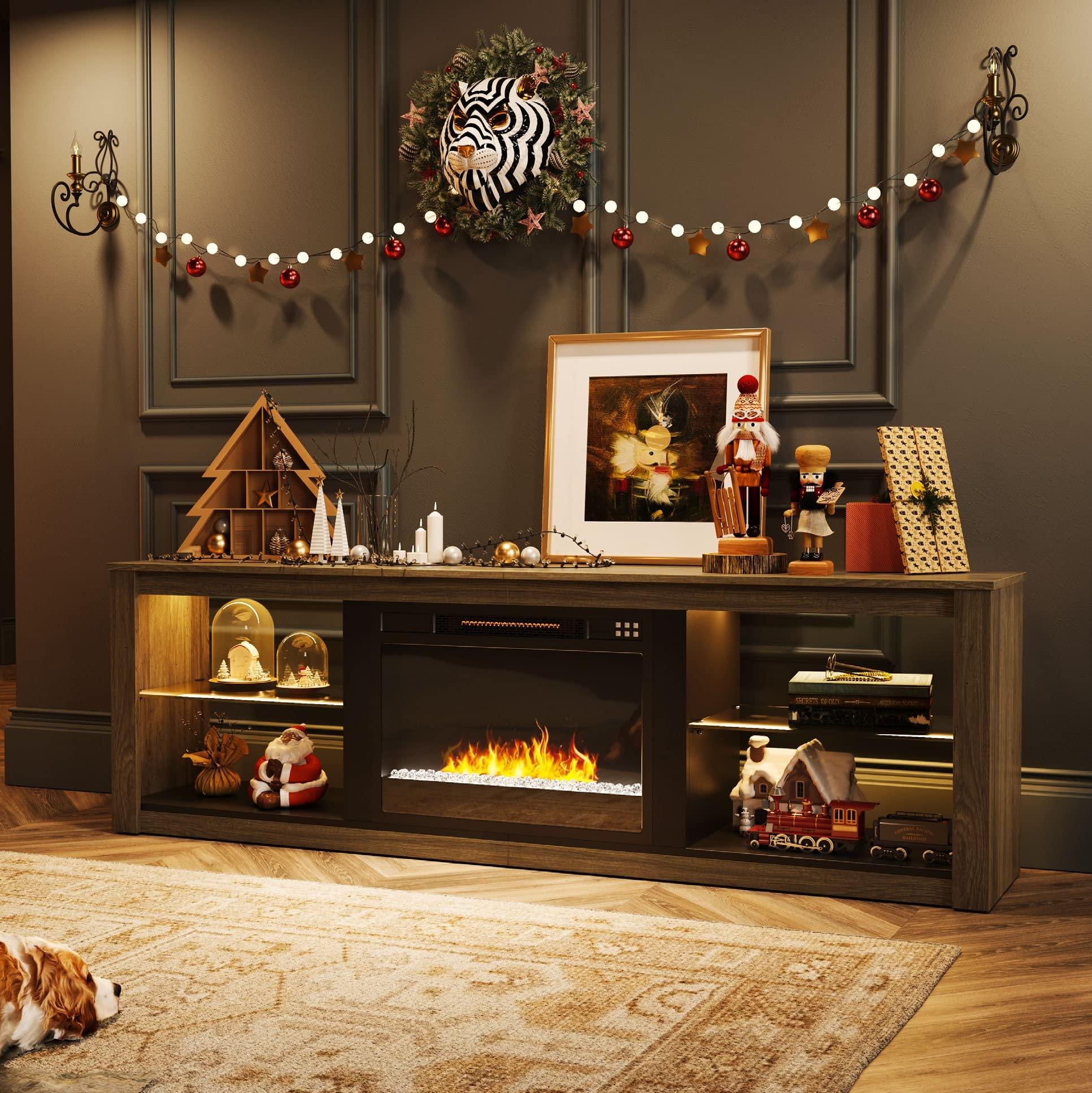 【Furniture】Fireplace TV Stand for 75 inch TV with 23 inch Electric Fireplace, 70 inch Entertainment Center