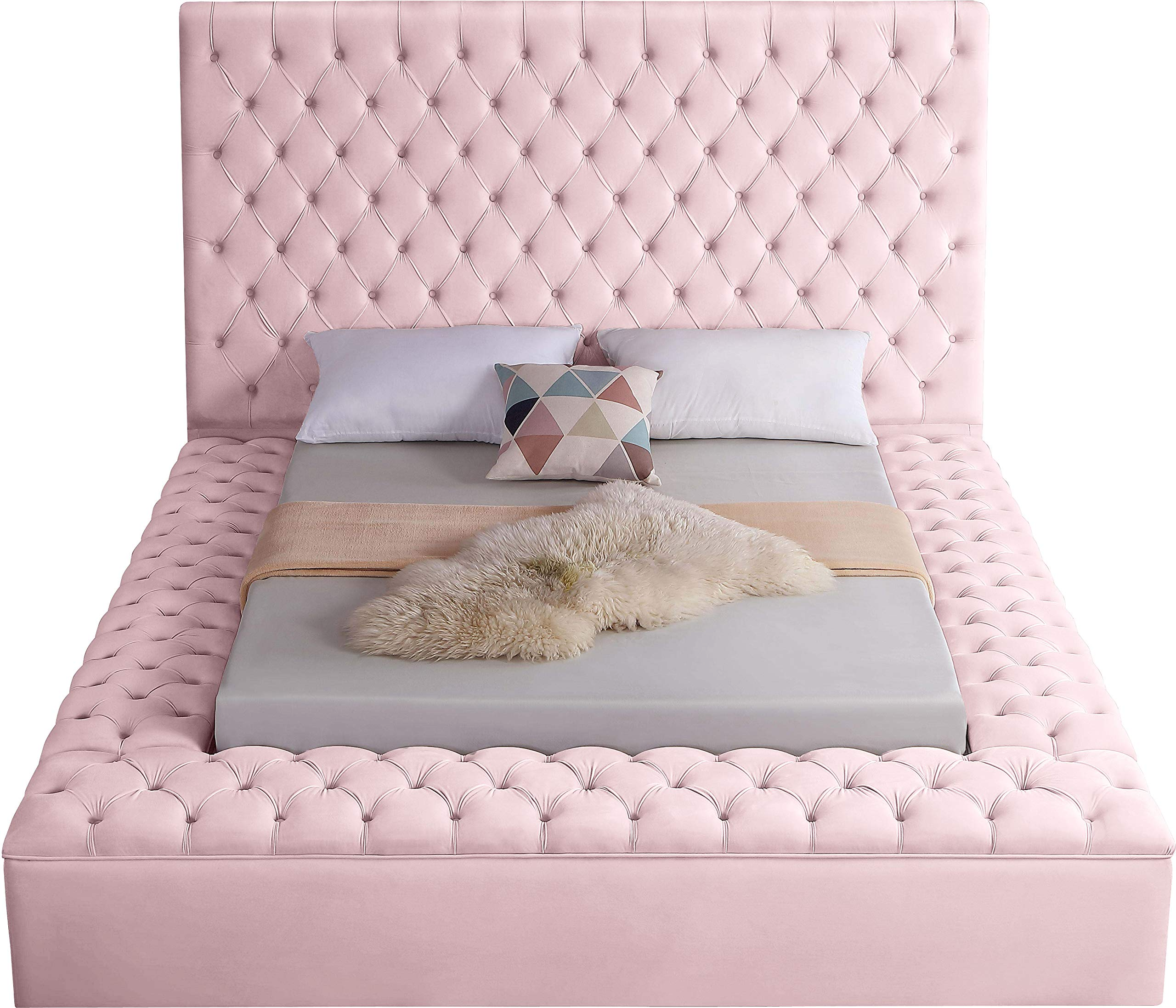 【Furniture】Contemporary Velvet Upholstered Bed with Deep Button Tufting & Storage Compartments