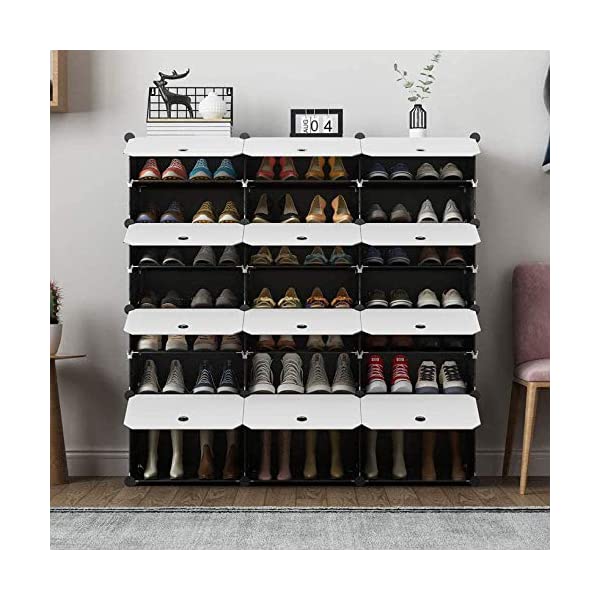 MAGINELS 48-Pair Portable Shoe Rack, DIY Shoe Storage Shelf Organizer, Plastic Shoe Cube Storage Organizer, Shoe Storage Tower Stand with Doors, Shoe Cabinet for Entryway, Black 48