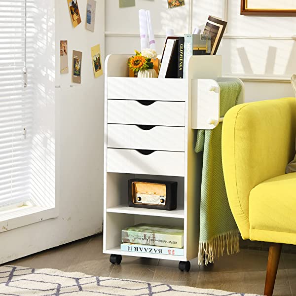 Tangkula Rolling Storage Drawer Cart, Wooden Utility Cart w/ 3 Drawers, 3 Shelves, 3 Slots and 2 Dowels, Organizer Cabinet w/ Lockable Casters, Mobile Cart for Study, Living Room, Office, White