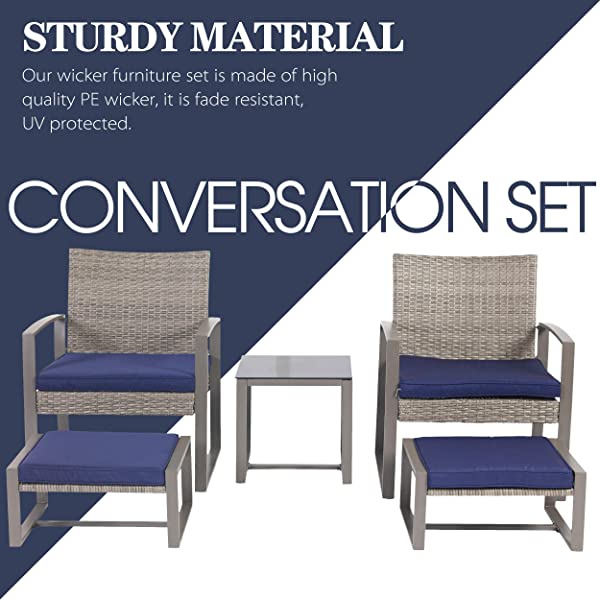 LOKATSE HOME 5-Piece Wicker Outdoor Conversation Set Patio Furniture PE Rattan All Weather Cushioned Chairs Balcony Porch with Ottoman and Glass Coffee Side Table, Blue