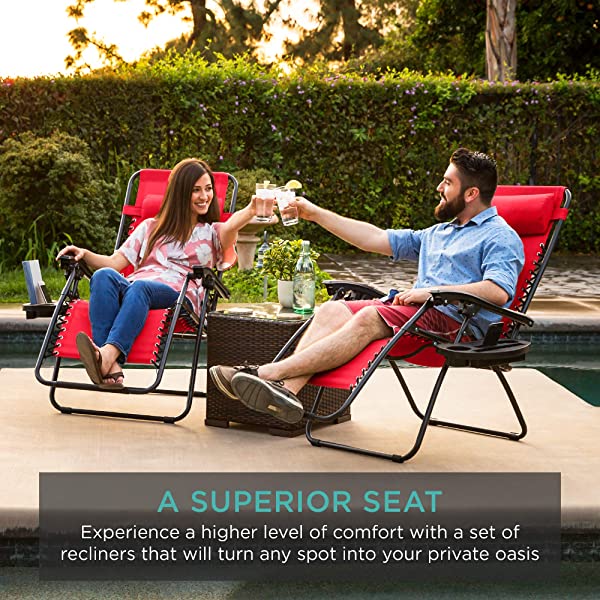 Best Choice Products Set of 2 Adjustable Steel Mesh Zero Gravity Lounge Chair Recliners w/Pillows and Cup Holder Trays - Burgundy