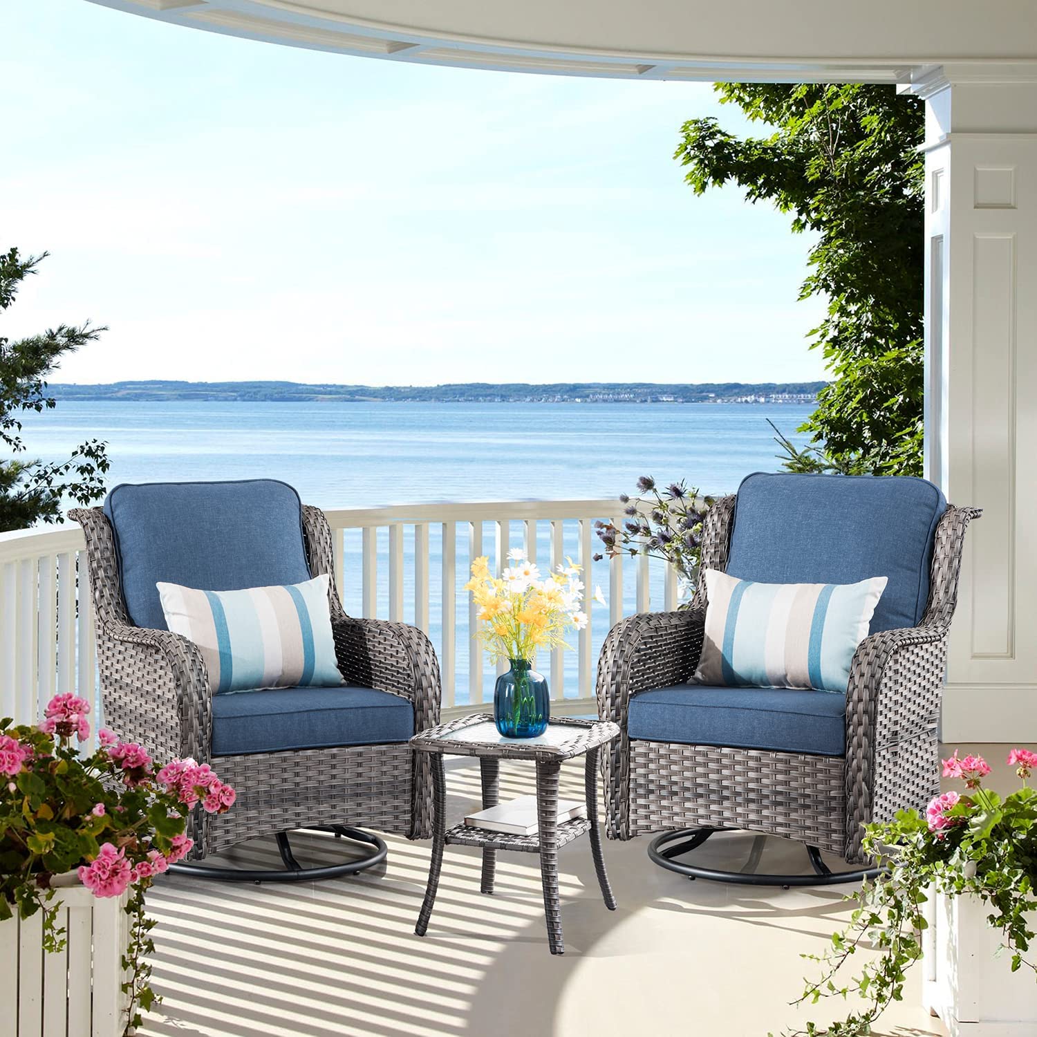 【Furniture】Patio Chair Outdoor Wicker Swivel Rocker Patio Chairs Set of 2 & Matching Side Table