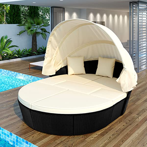 Merax All-Weather Outdoor Sectional Sofa Conversation Set Rattan Daybed Sunbed with Retractable Canopy, Separate Seating and Removable Blue Cushions Brown+blue