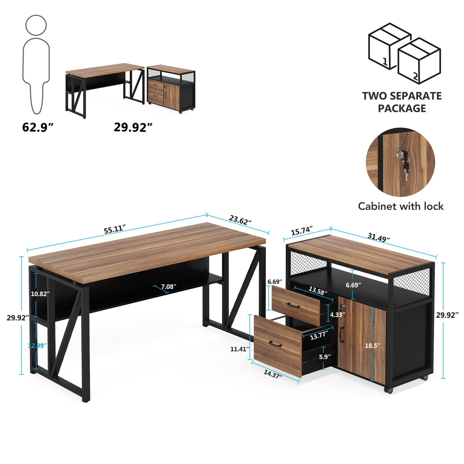 【Furniture】L Shaped Desk with Drawer Cabinet, 55
