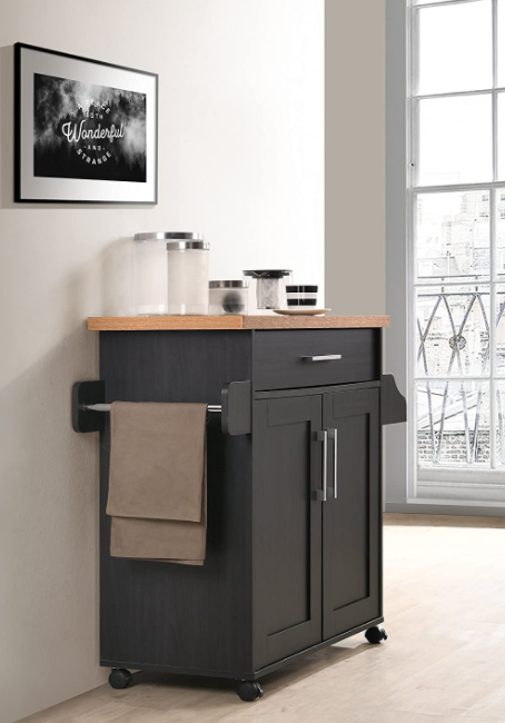 Hodedah Kitchen Island with Spice Rack, Towel Rack & Drawer, Black with Beech Top