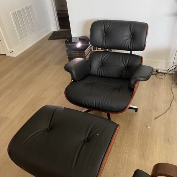 Genuine leather dining table with ottoman, classic mid-century lounge chair
