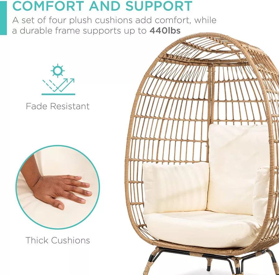 BEST CHOICE PRODUCTS WICKER EGG CHAIR, OVERSIZED INDOOR OUTDOOR LOUNGER FOR PATIO, BACKYARD, LIVING ROOM W/ 4 CUSHIONS, STEEL FRAME, 440LB