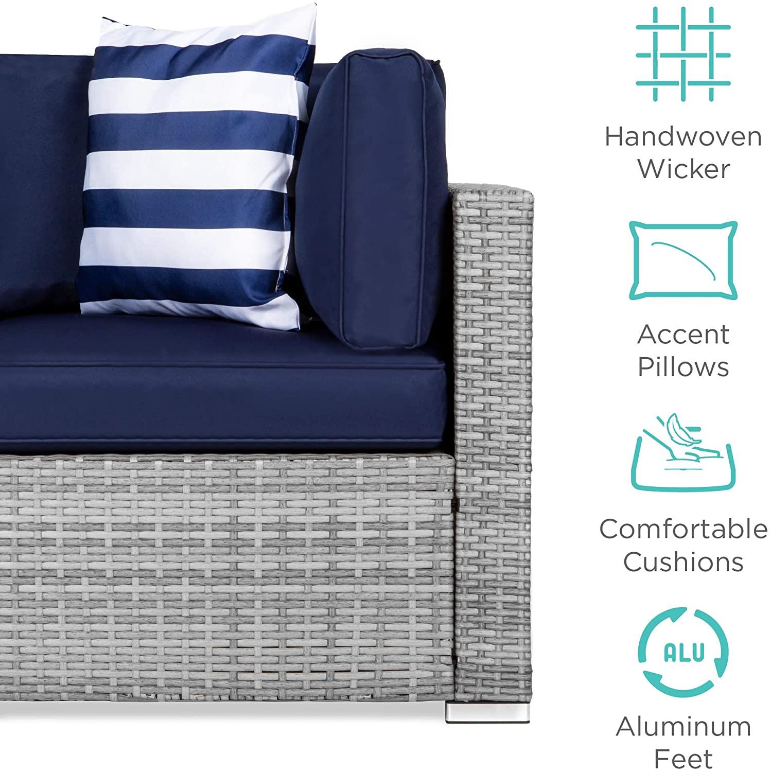 Best Choice Products 7-Piece Modular Outdoor Sectional Wicker Patio Furniture Conversation Sofa Set w/ 6 Chairs, 2 Pillows, Seat Clips, Coffee Table, Cover Included - Gray/Navy