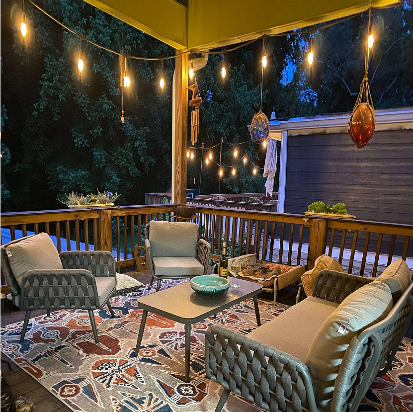 【Furniture】Patio Conversation Set 4 Pcs Aluminum Frame Rope Outdoor Furniture with Coffee Table & Cushions
