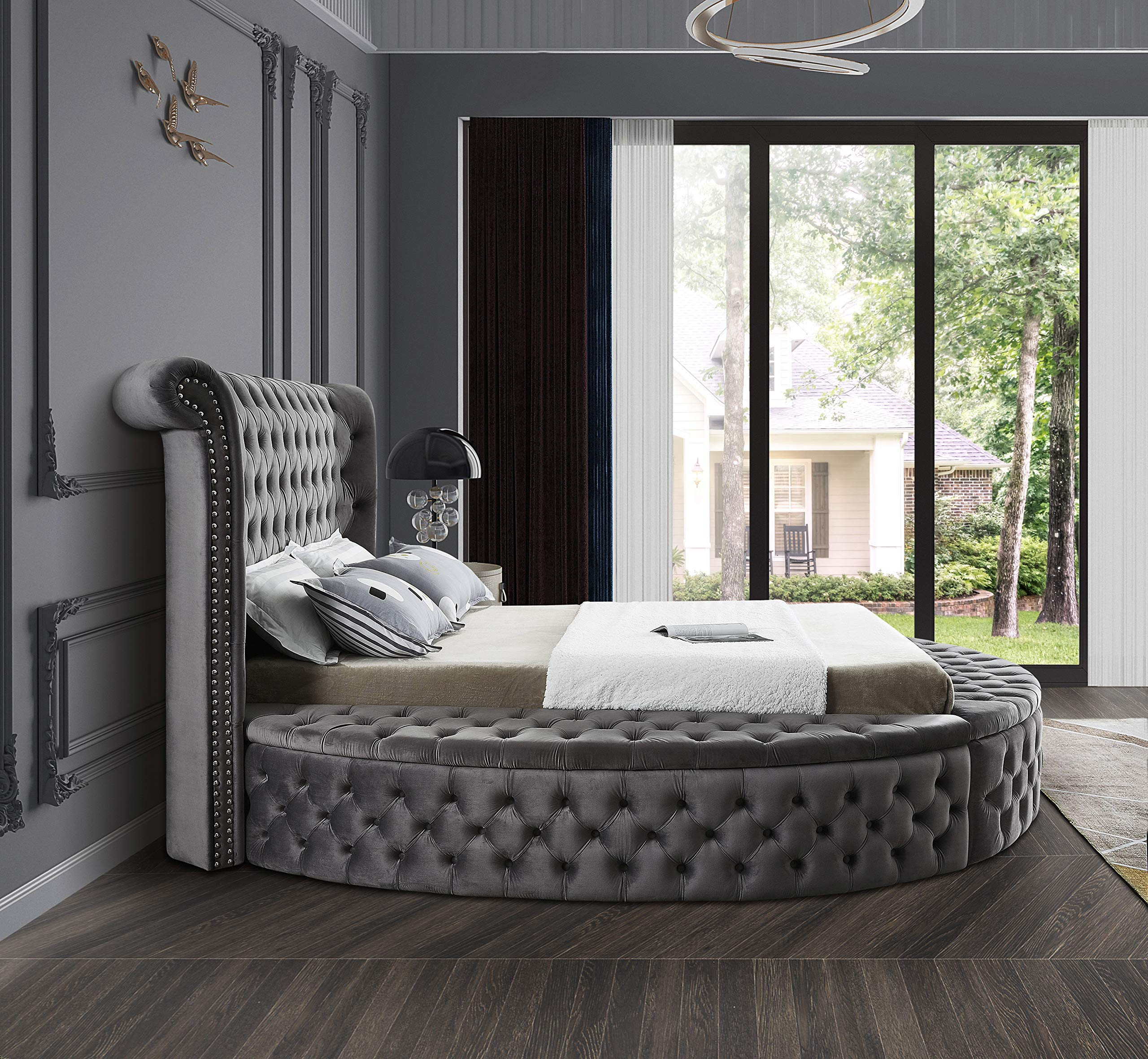 【Furniture】Contemporary Round Shaped Velvet Upholstered Bed with Deep Button Tufting & Footboard Storage, King