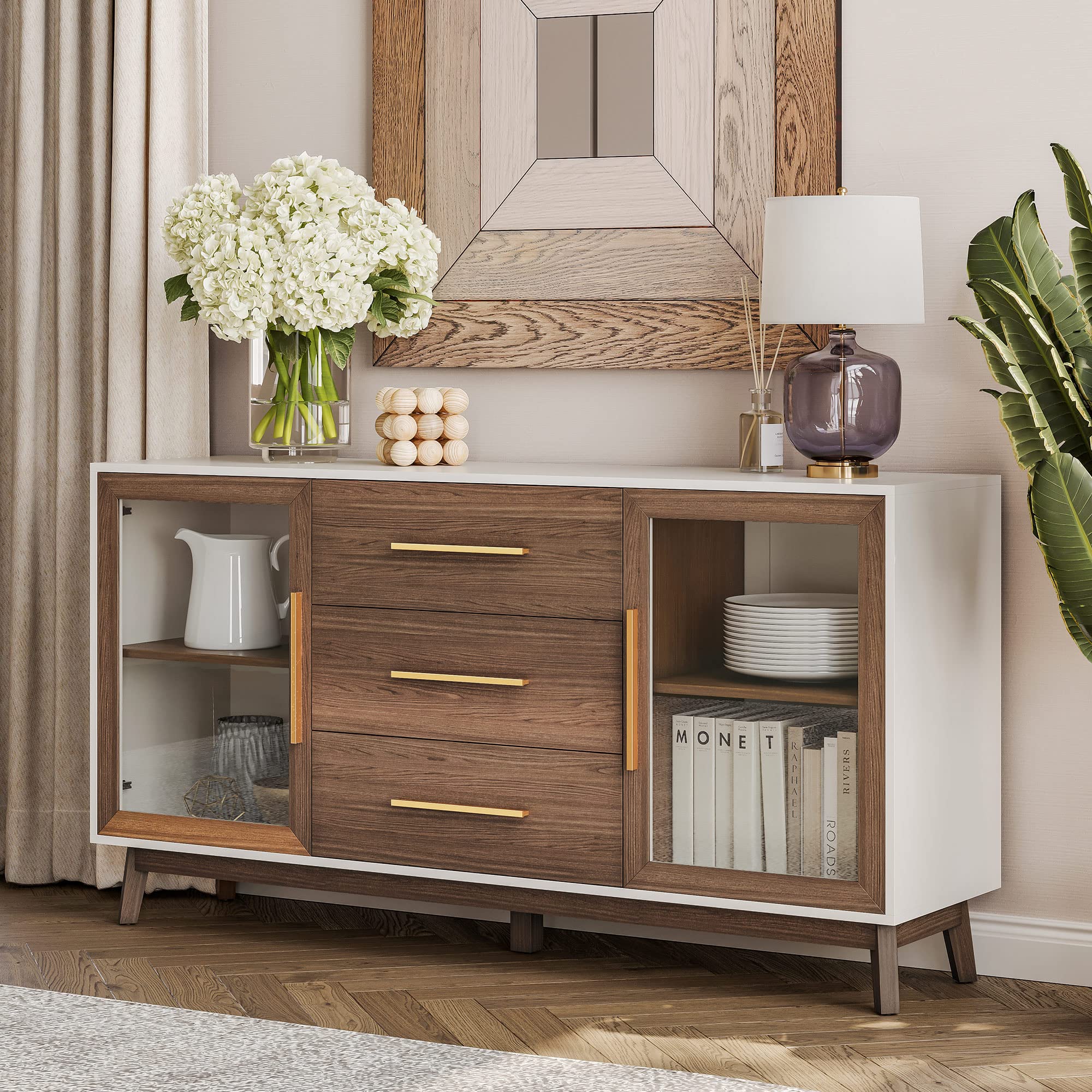 【Furniture】Sideboard Buffet Cabinet with 3 Drawers & 2 Doors, Console Table for Kitchen